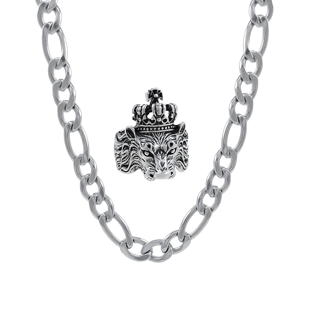 Silver plated chain with silver plated KGF LION shape adjustable ring combo set Rhodium Plated Stainless Steel Chain