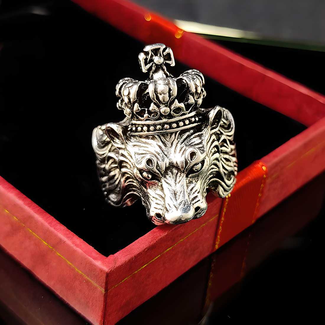 Oxidised Silver Plated Lion Face KGF Ring