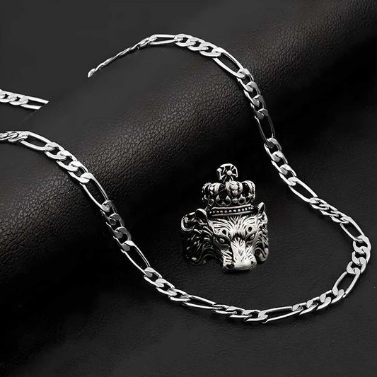 Silver plated chain with silver plated KGF LION shape adjustable ring combo set Rhodium Plated Stainless Steel Chain